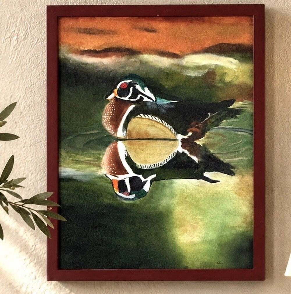 VTG Hand Painted Colorful Wood Duck Pond Reflection Signed Wildlife Art 15X19